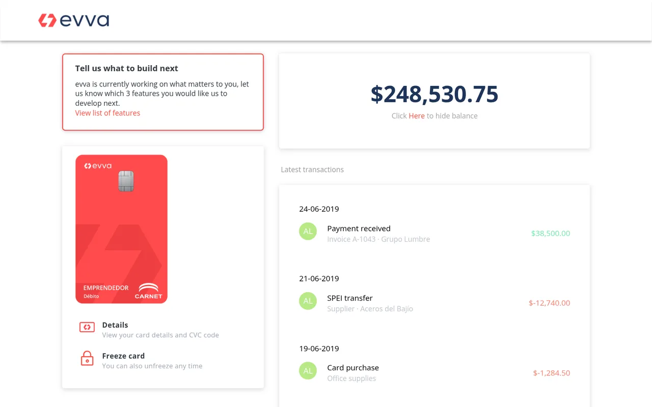 Evva — business account dashboard